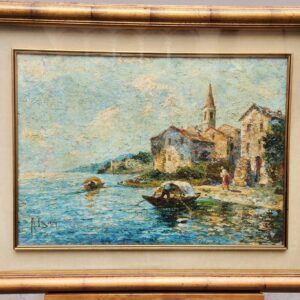 Quadro antico Raffigurante lago con barche