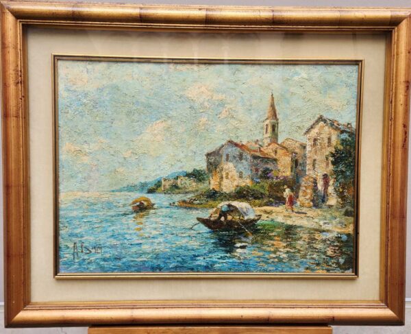 Quadro antico Raffigurante lago con barche