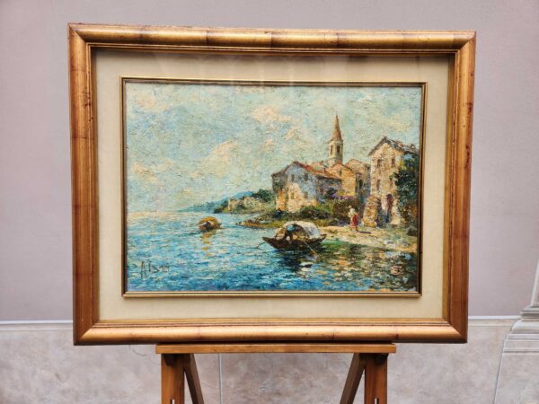 Quadro antico Raffigurante lago con barche - immagine 6