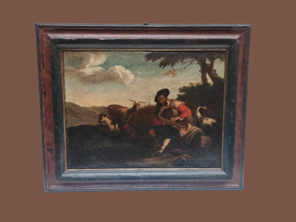 Dipinto antico Raff. Pastore con animali