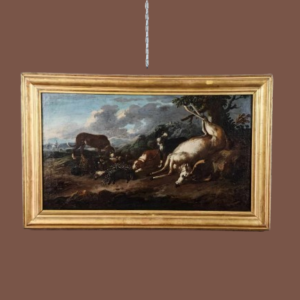 Quadro antico epoca 600-700 Raff. scena di caccia