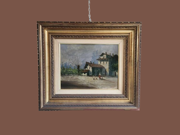 Quadro antico raff paesaggio rurale