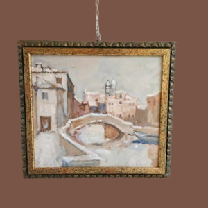Dipinto antico raff. Paesaggio con Nevica epoca 900