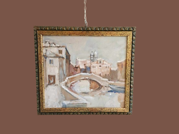 Dipinto antico raff. Paesaggio con Nevica epoca 900