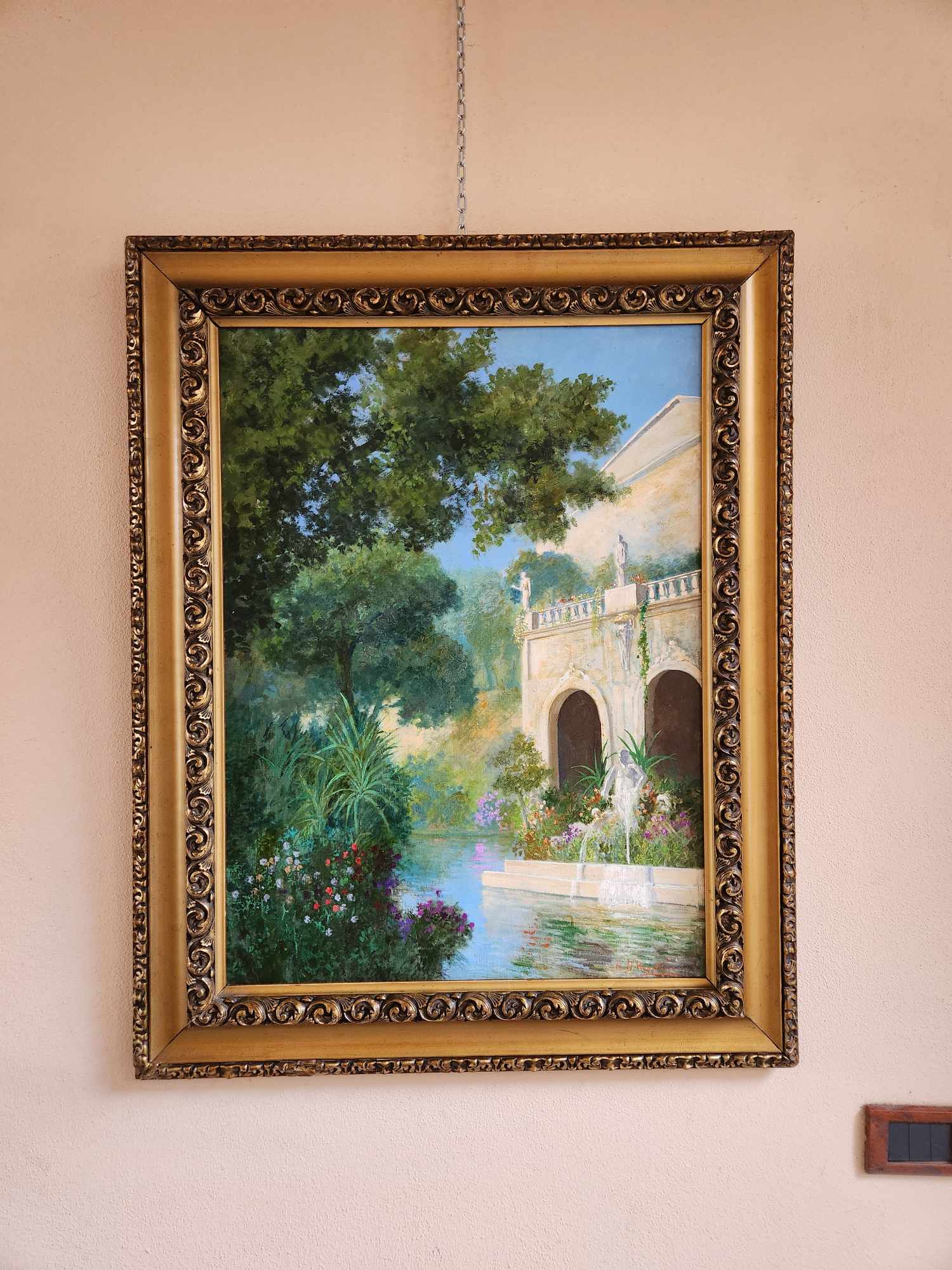 Dipinto antico epoca 900 raff villa con giardino - immagine 3