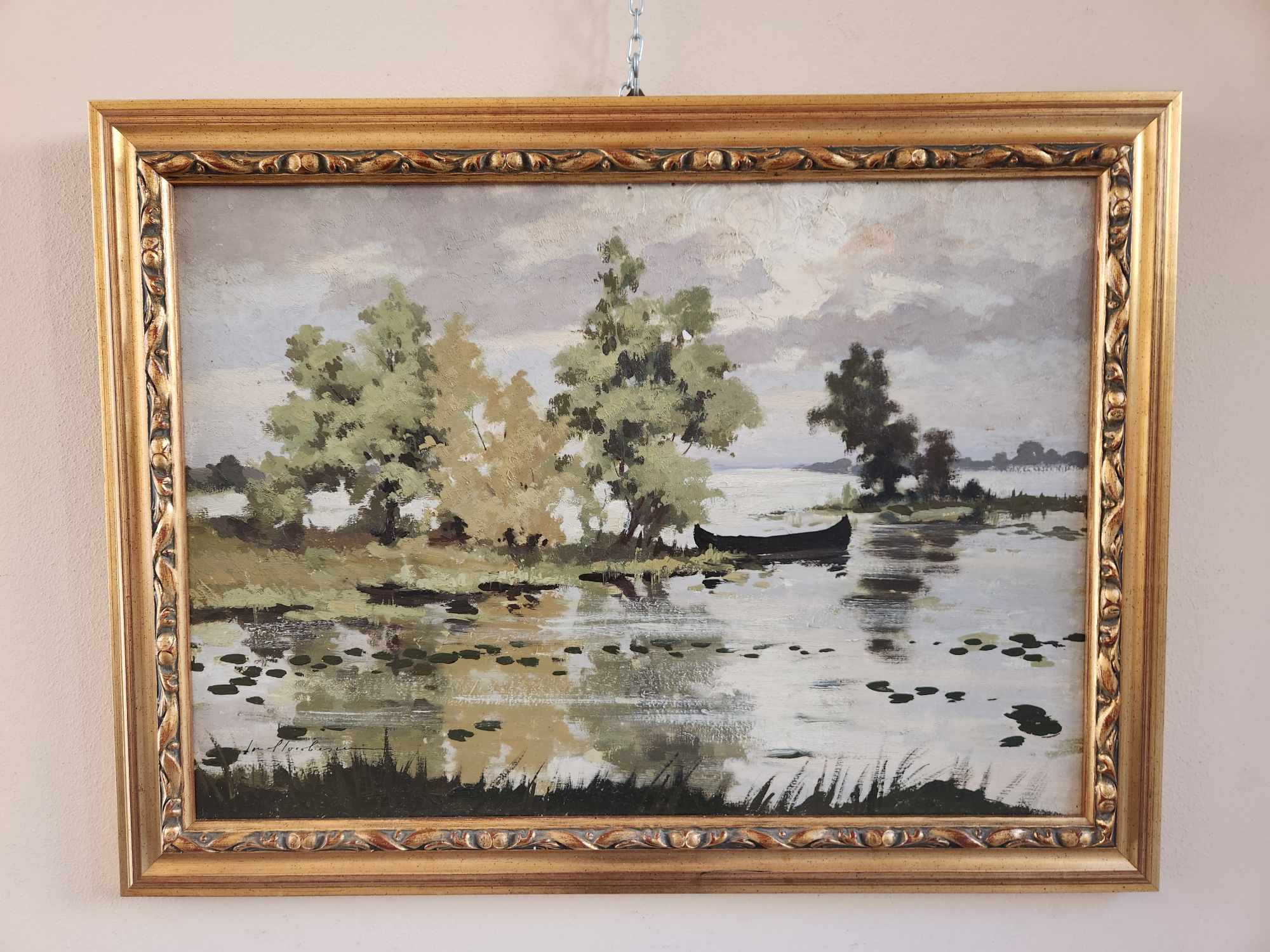 Dipinto epoca 900 fiume con barca - immagine 5