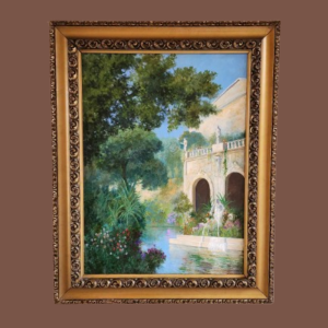 Dipinto antico epoca 900 raff villa con giardino
