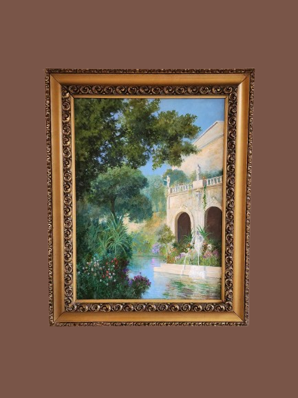 Dipinto antico epoca 900 raff villa con giardino